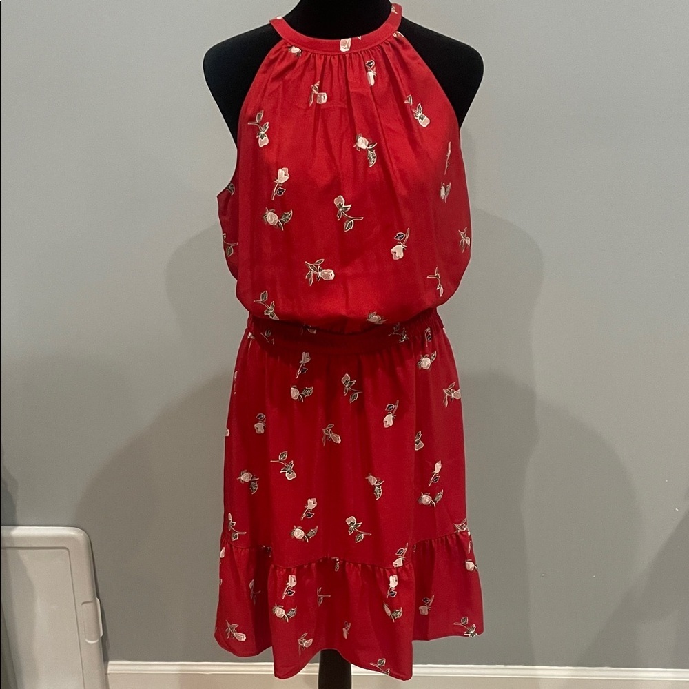 Red Halter Dress with Floral Print Ann Taylor loft medium new